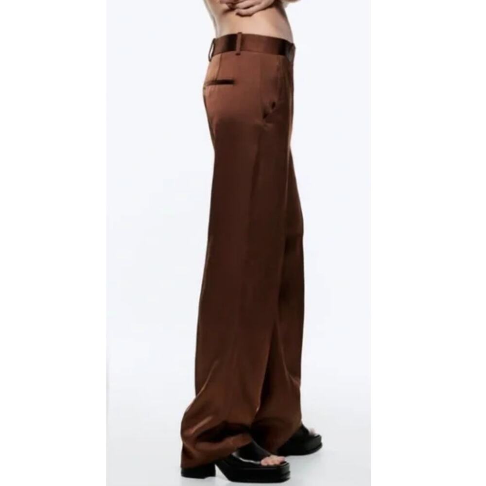 Zara Wide-Leg Satin Trousers in Brown